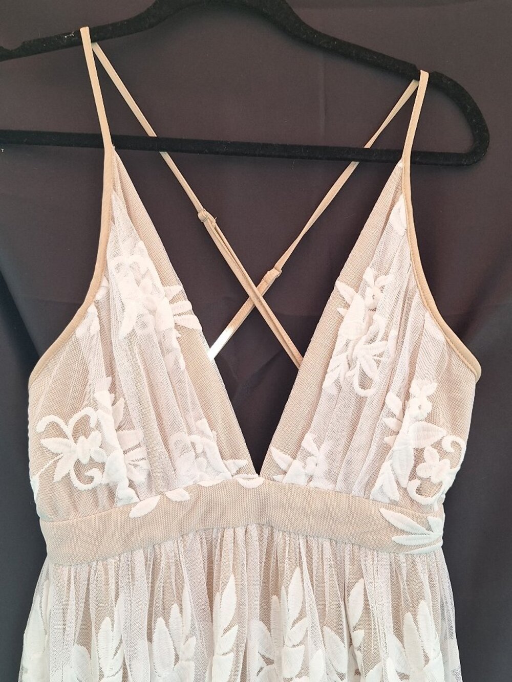 Ethereal Embroidered Lace Maxi Dress Nude Mesh White Floral Open Back L